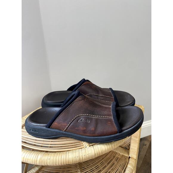 Mens Clarks Brown Leather Walkford Band Style Slide Sandals Sz 9M - Picture 2 of 9